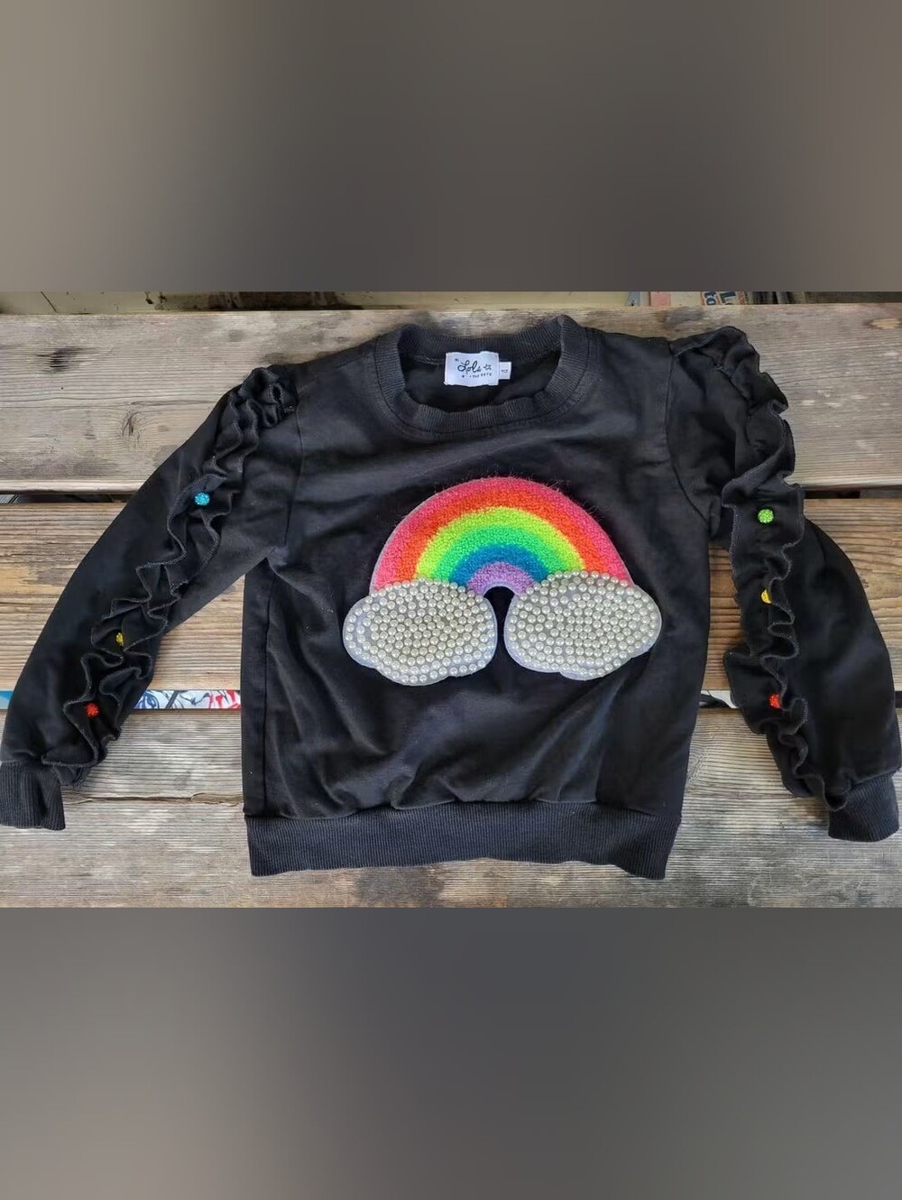 LOLA + THE BOYS SZ 4T VGUC BLACK RAINBOW Rhinestone Cloudl Sweatshirt Ruffles